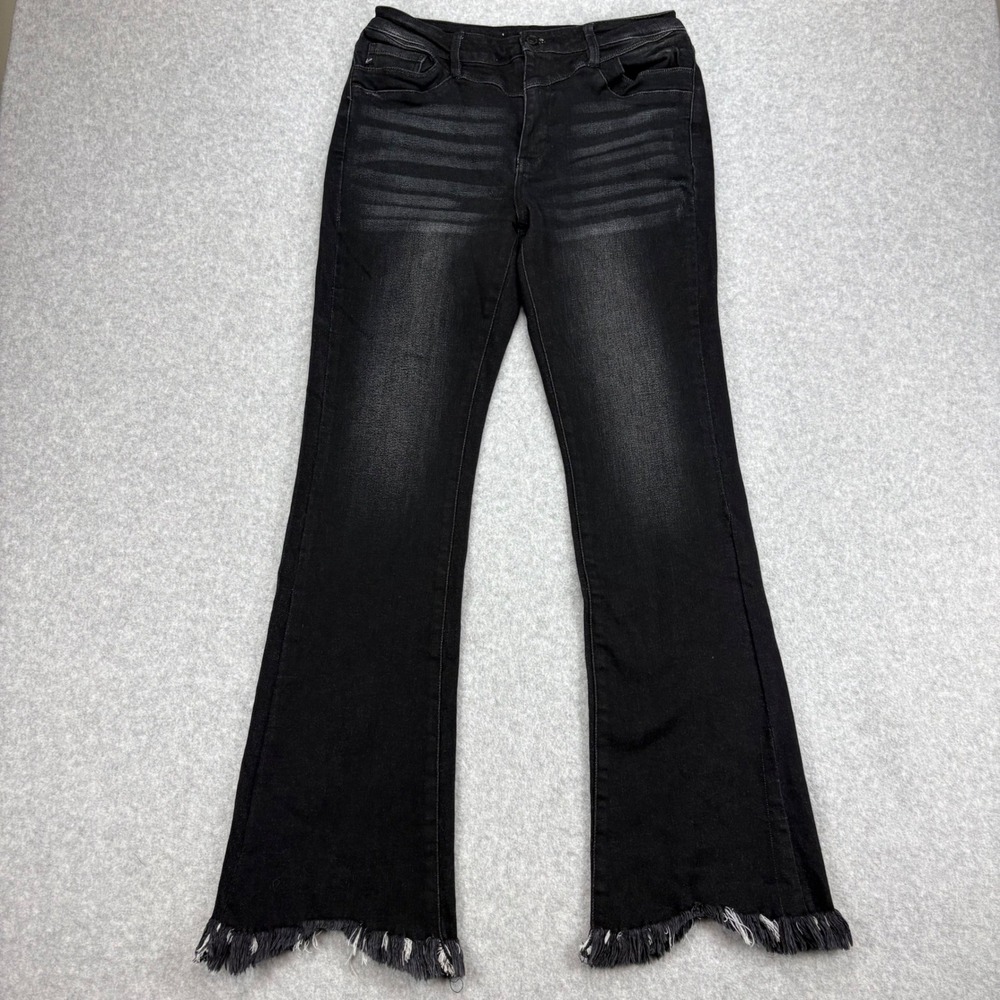 Kancan Flare Jeans Womens 29 Black Fringed Hem Distressed Whiskered Boho Edgy - Picture 1 of 7